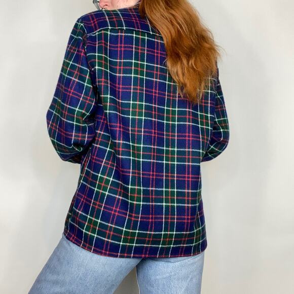 Vintage Woodland Large Navy Heavy Plaid Flannel Shirt Jacket Button Down Shirt - Picture 8 of 14